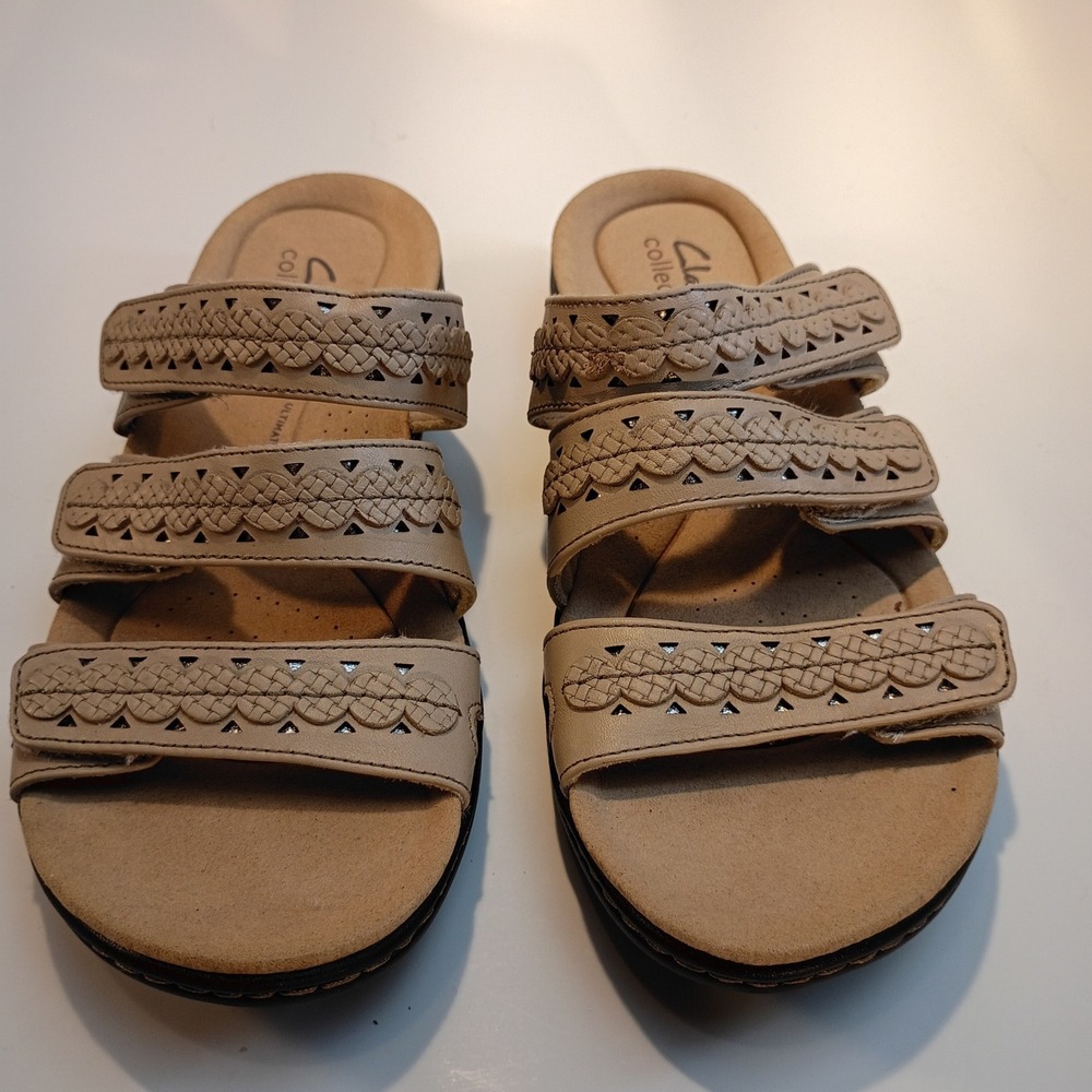 Clarks Collection Leisa Janna Sandal Tan Leather Triple Strap Slide Womens 6 M
